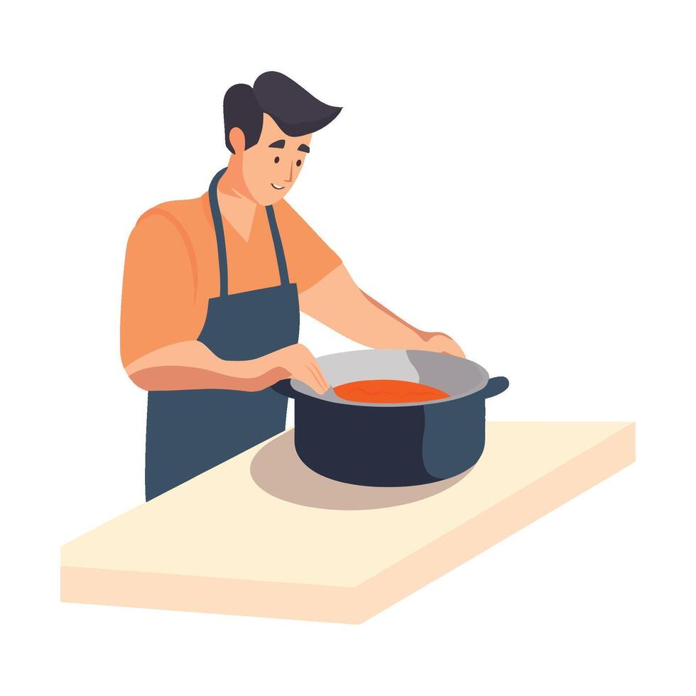Man cooking soup in a pot on the table vector