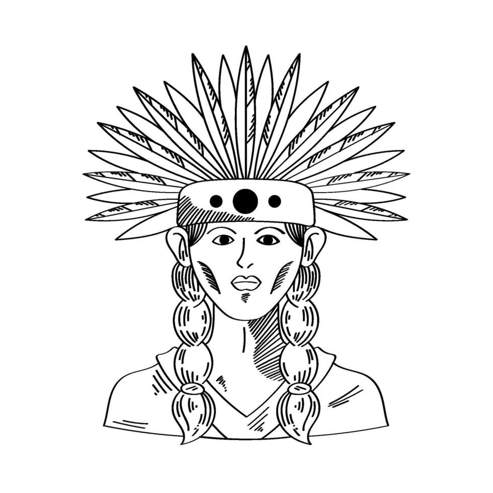 A drawing of an indian woman wearing a headdress vector