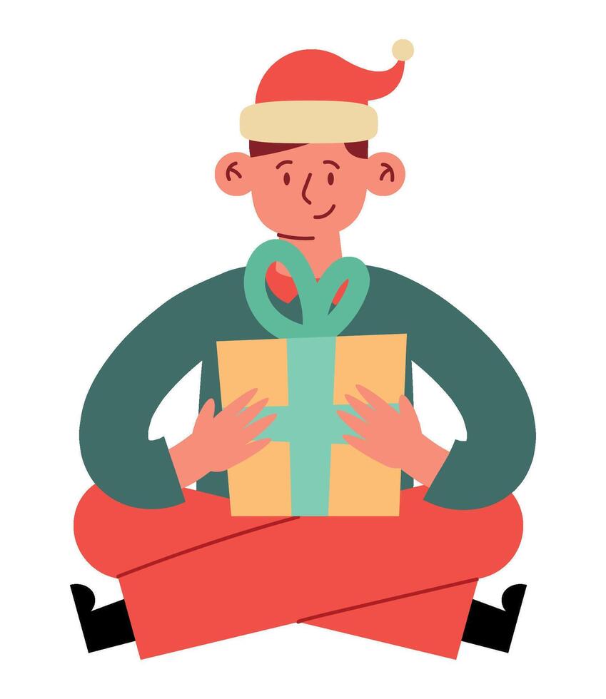 A cartoon man in a santa hat holding a gift vector