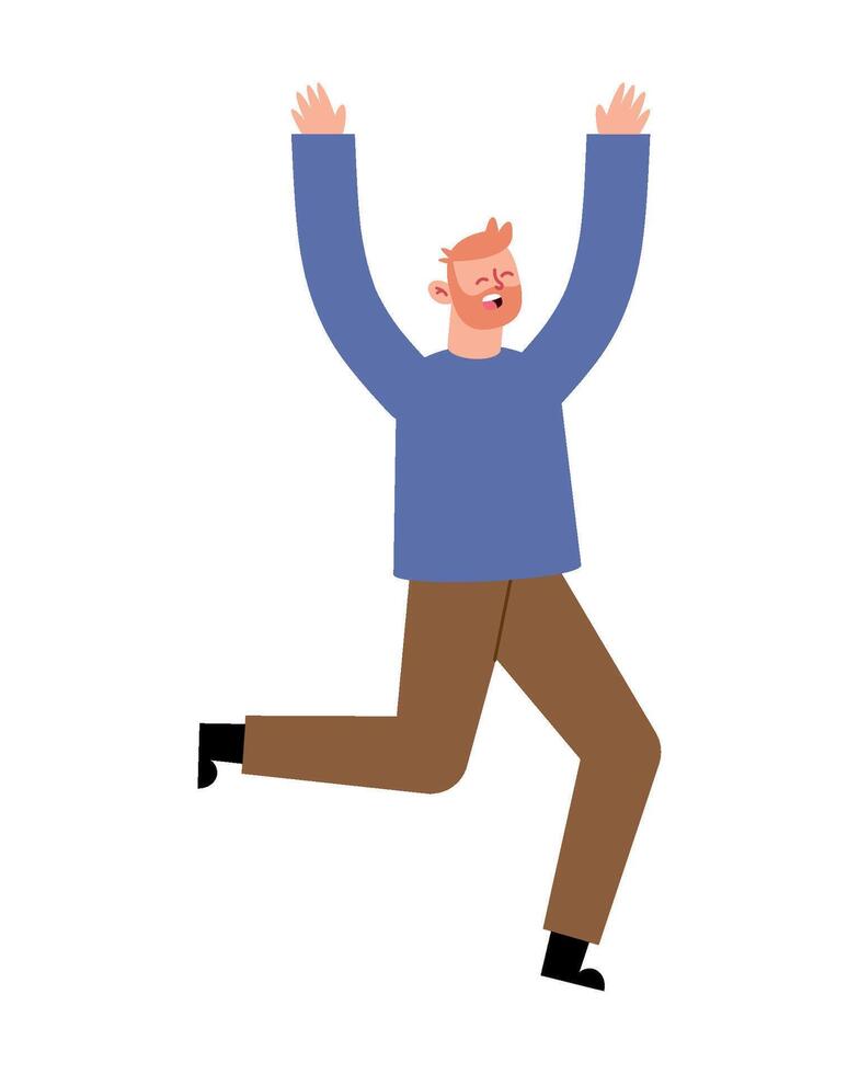 Happy man jumping with hands up, cartoon style vector
