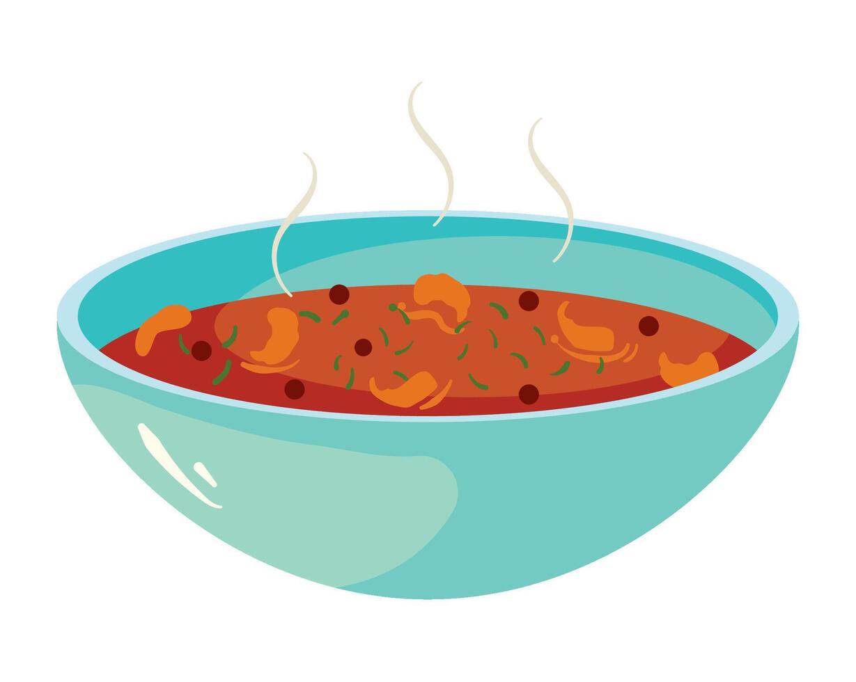A bowl of chili with meat and vegetables in it vector