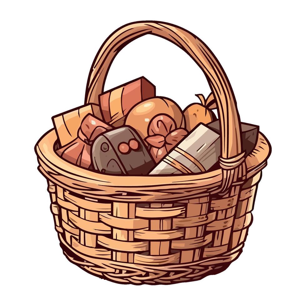 A basket full of food and other items vector