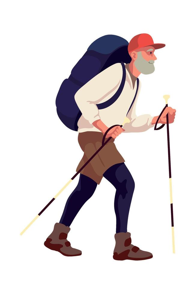 An illustration of a man with a backpack and hiking poles vector