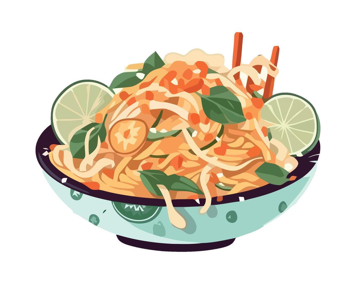 Thai noodles with vegetables and lime in a bowl vector