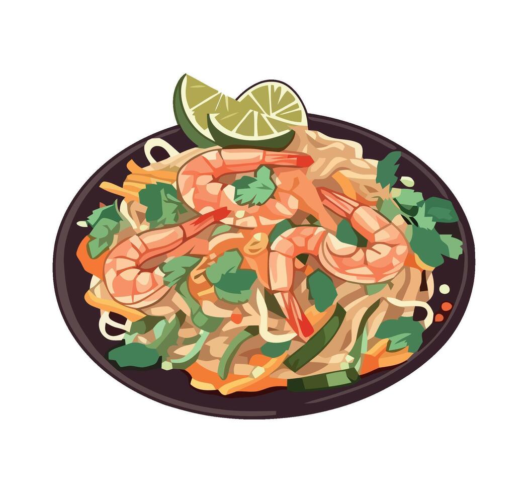 Thai noodles with shrimp and vegetables on a plate vector