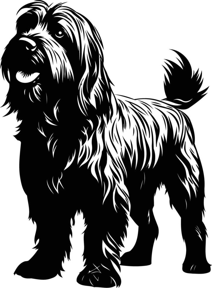 A striking black and white silhouette of a small, fluffy dog with a bushy tail, perfect for pet-themed designs, logos, and illustrations vector