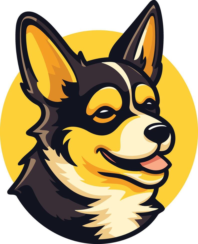 A friendly, cartoon-style illustration of a smiling corgi's face against a yellow background vector