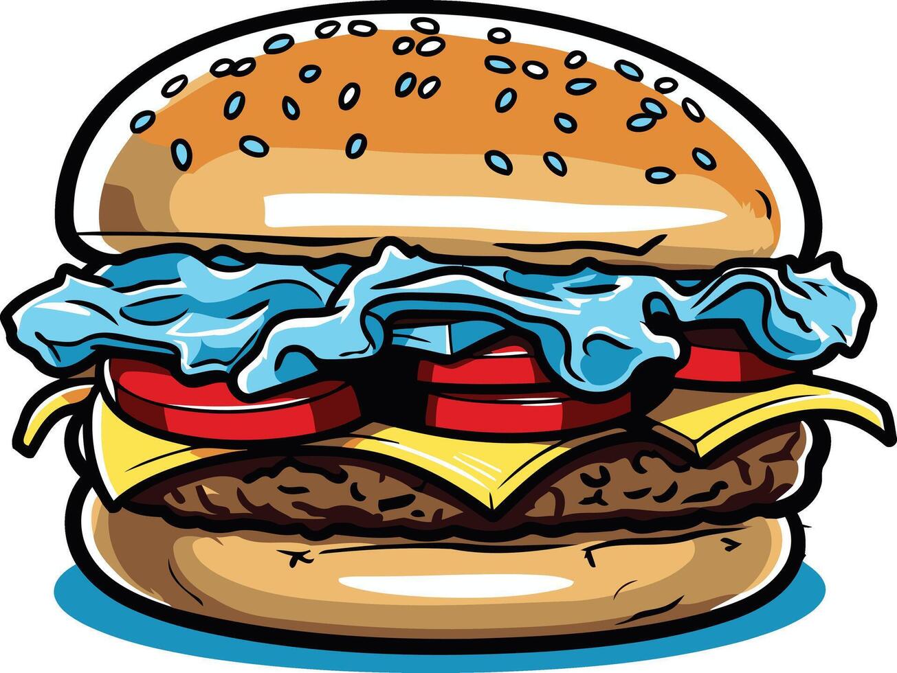 A vibrant cartoon illustration of a delicious burger with lettuce, tomato, cheese, and a sesame seed bun vector