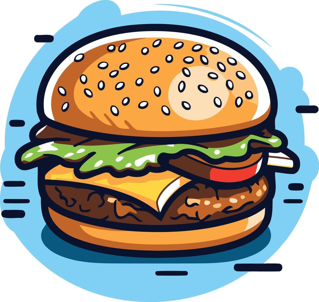 A cartoon illustration of a juicy burger with all the fixings vector