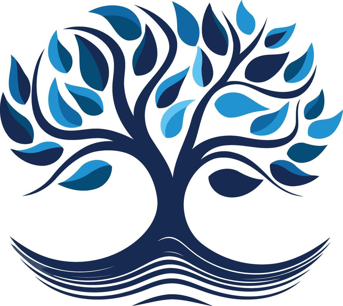 A stylized blue tree with roots in water, representing growth, stability and connection vector