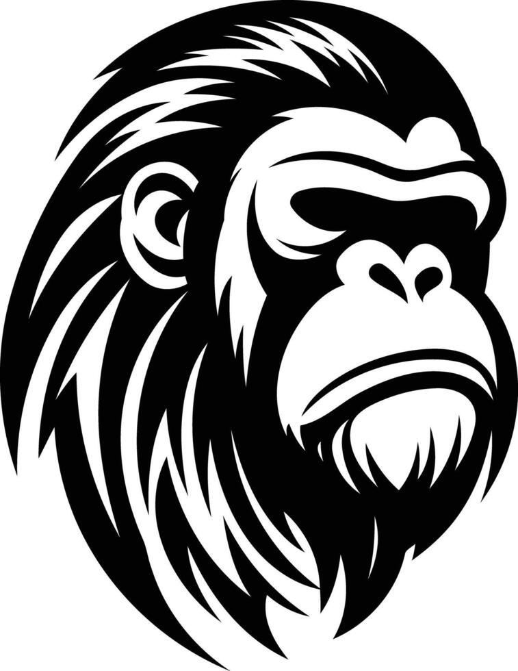 A powerful black and white illustration of a gorilla head, perfect for logo design, tattoos, or branding vector