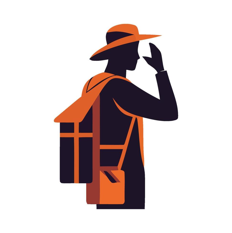 A man in a hat and backpack is looking at something vector