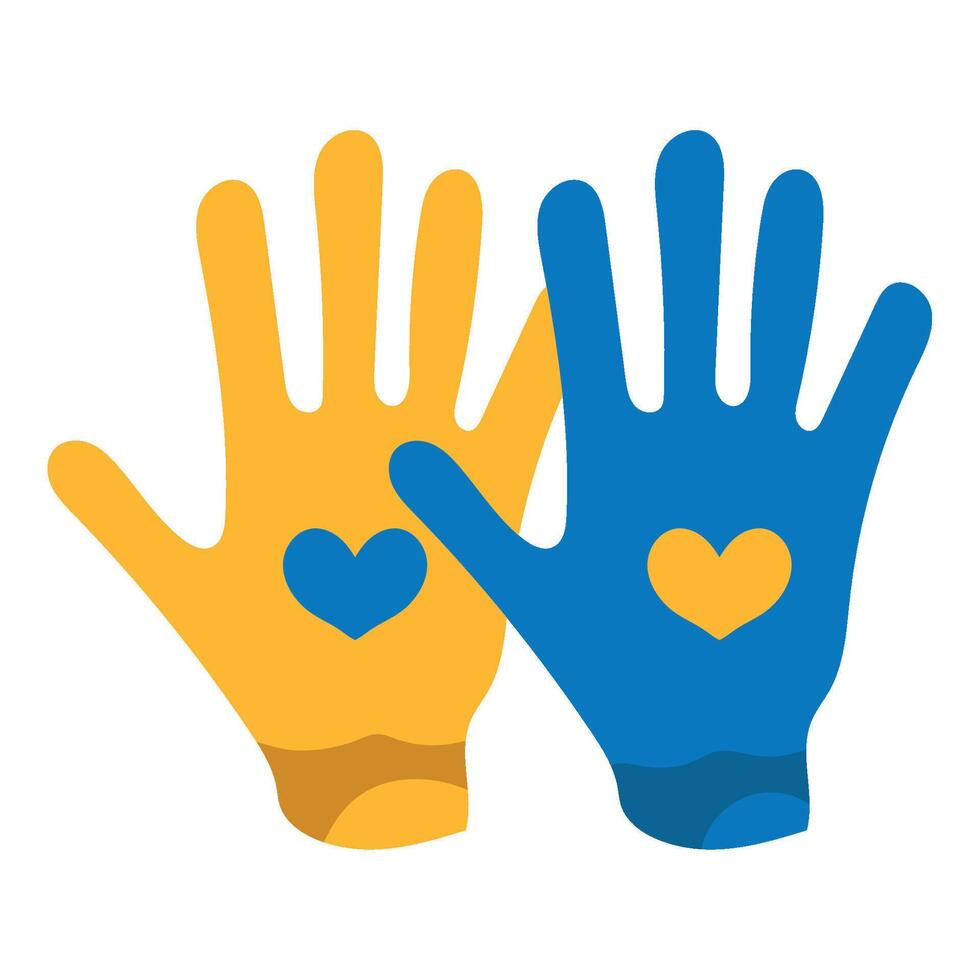 Two hands with blue and yellow hearts on them vector