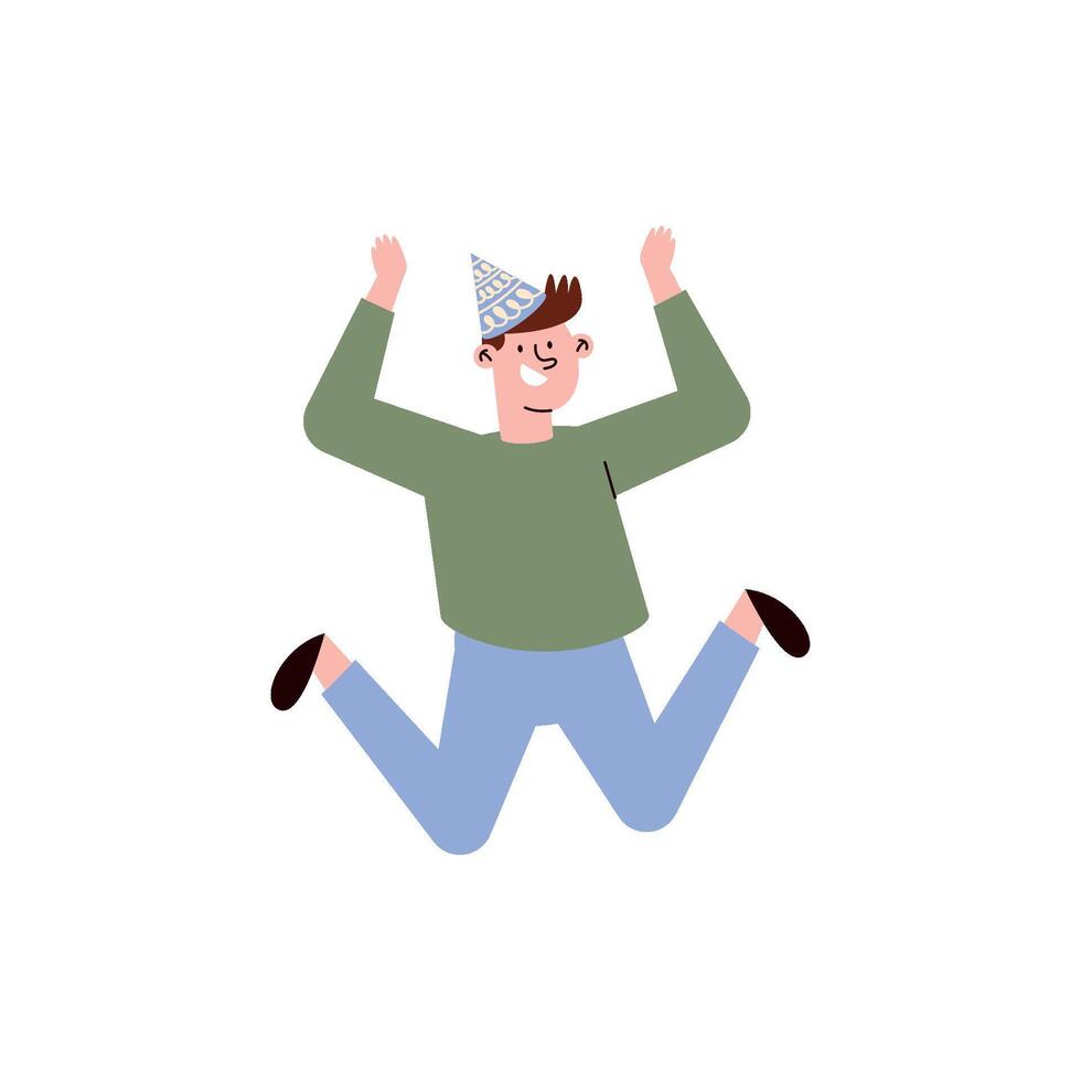 Happy man jumping in the air with a party hat on vector