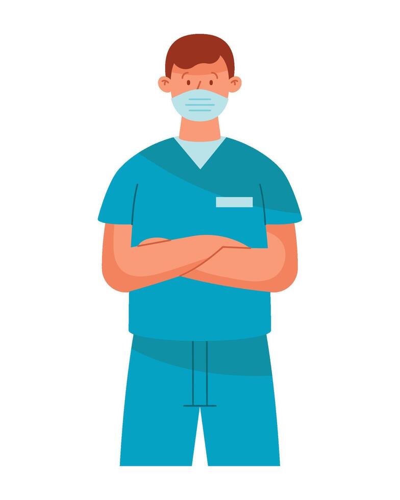 A man in scrub clothes with a surgical mask on his face vector