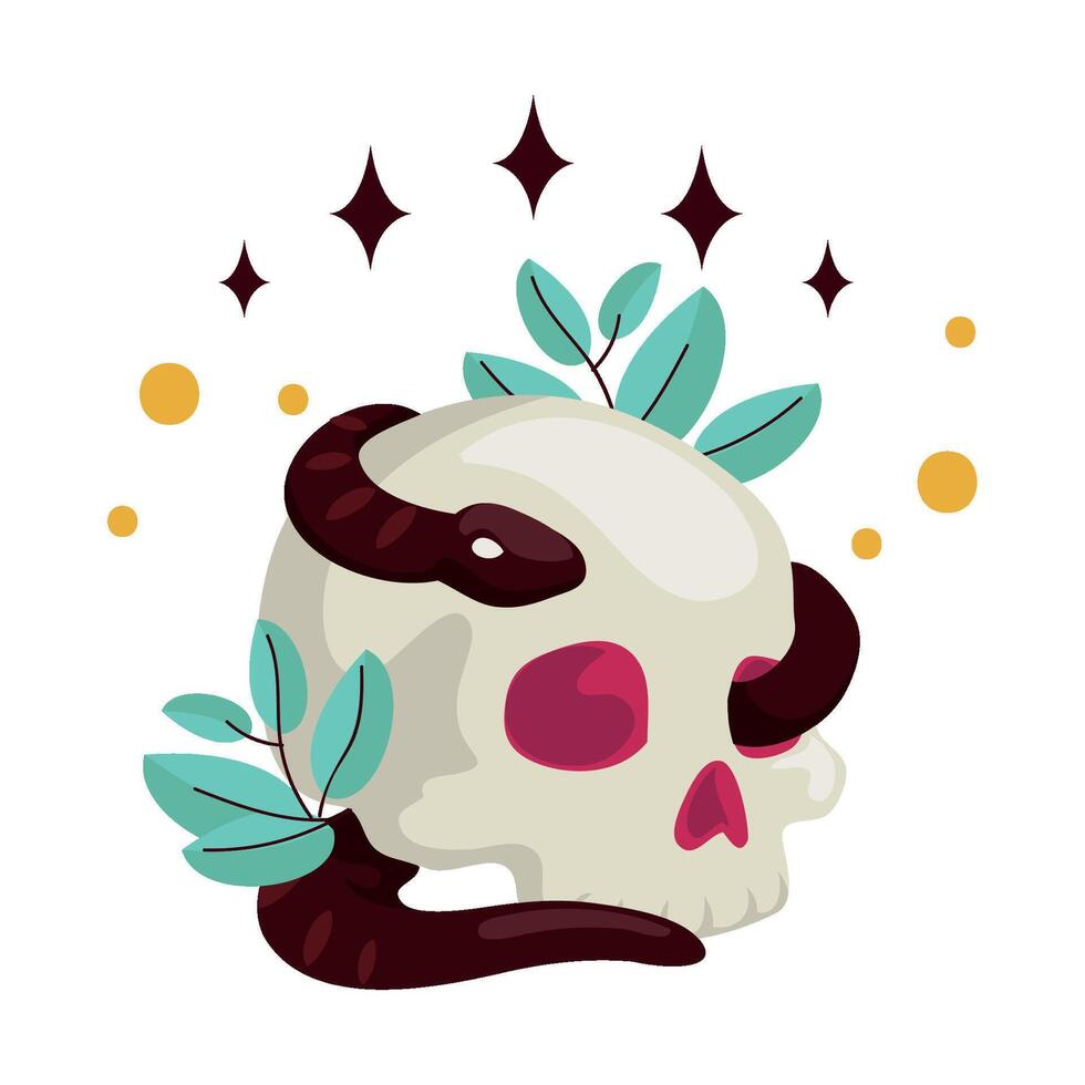 A skull with a snake and leaves on it vector