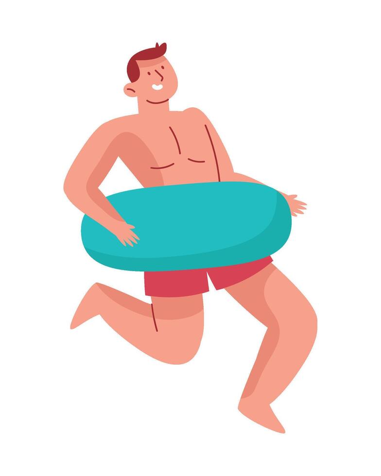Man in swimming trunks holding an inflatable pool float vector