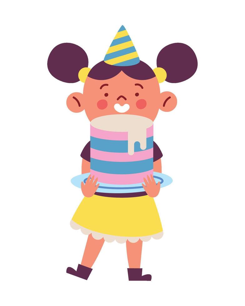 A little girl holding a cake with a birthday hat on vector