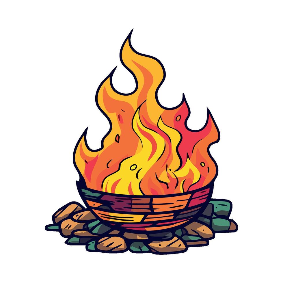 A fire in a bowl with rocks and wood vector