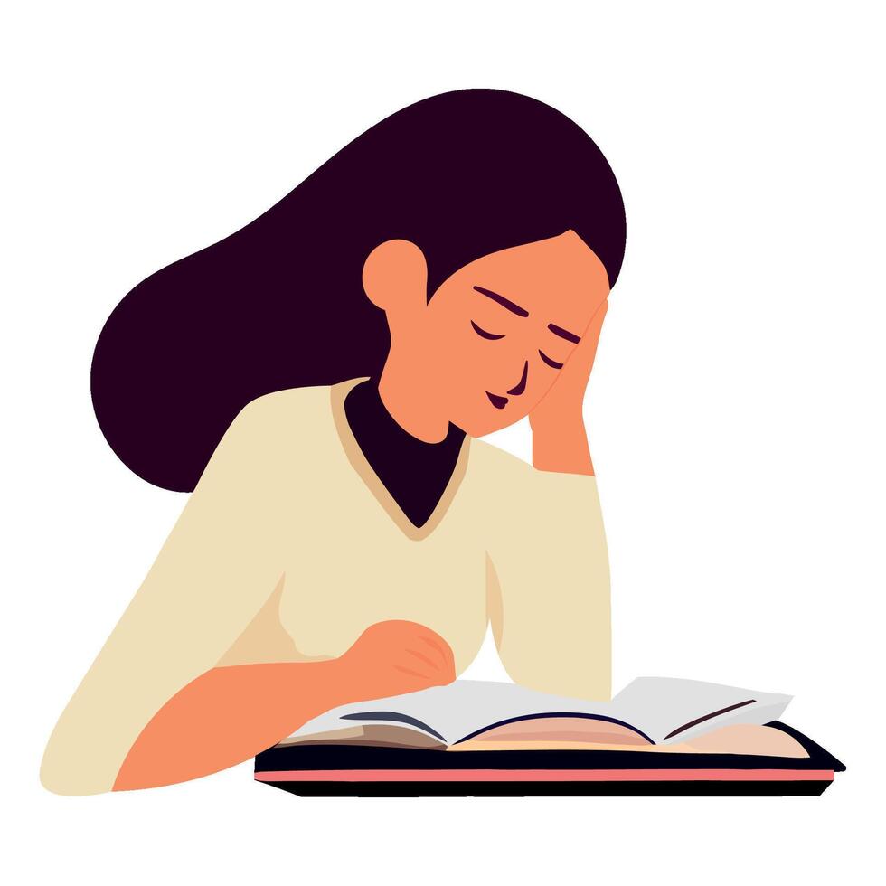 A woman is reading a book and looking at her hand vector