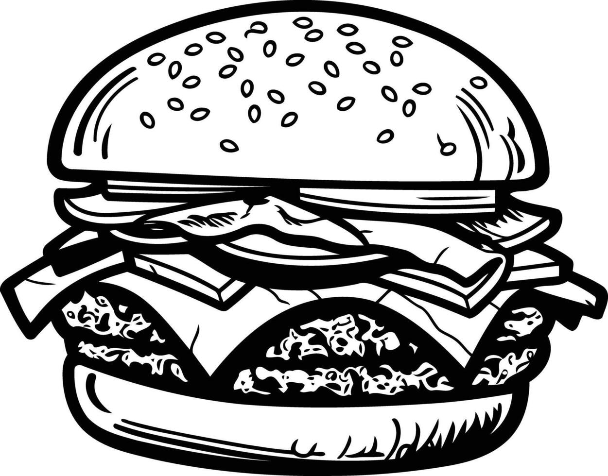 A classic black and white illustration of a delicious burger, perfect for menus, restaurant signage, or food-related designs vector