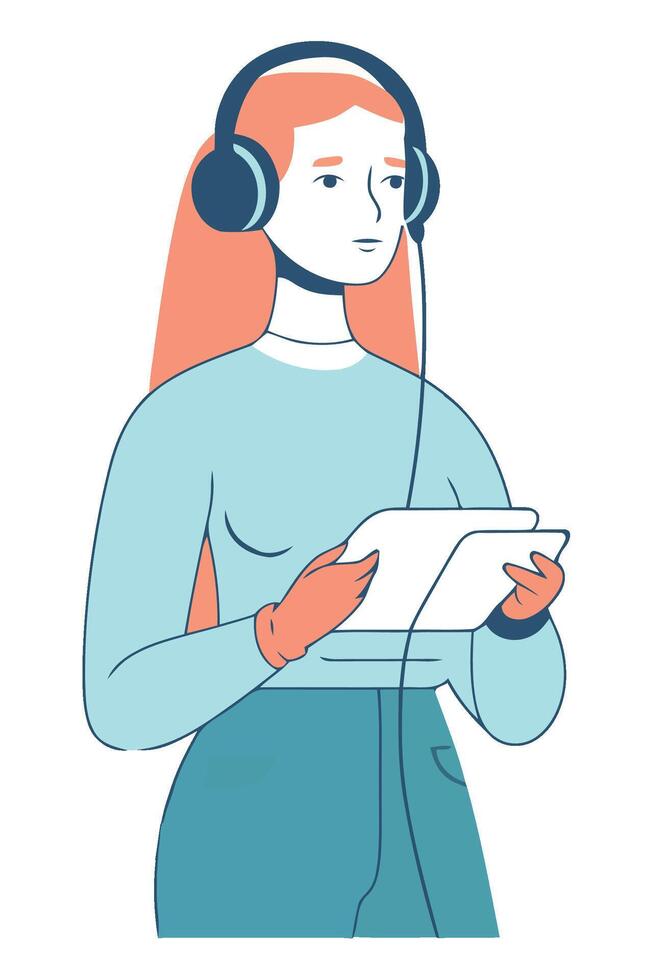 A woman wearing headphones and holding a tablet vector