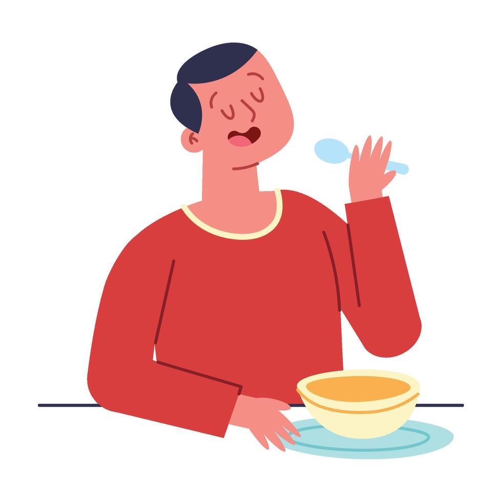 Man eating soup with spoon illustration vector