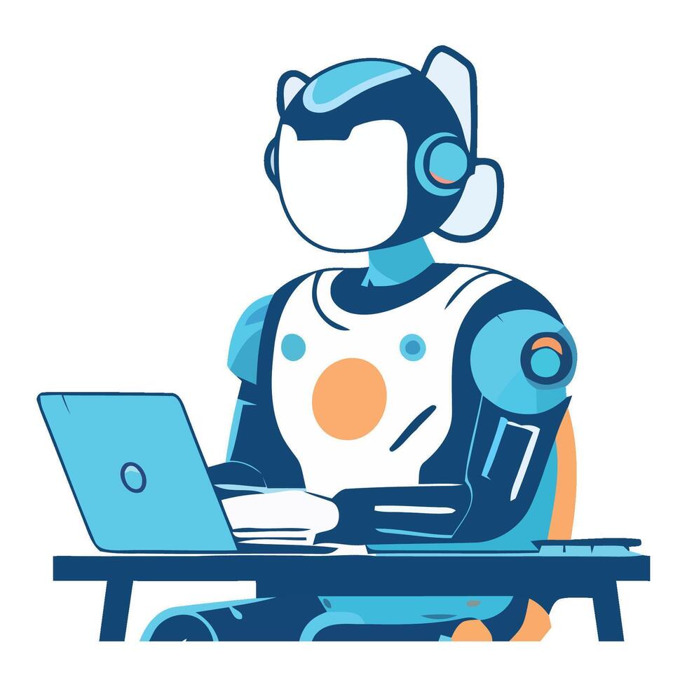 A robot sitting at a desk with a laptop vector