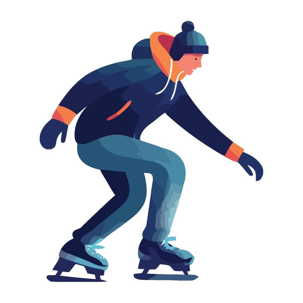 A man in a blue jacket and hat is skating on the ice vector
