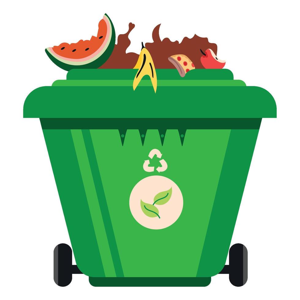 A green trash can with fruit and vegetables in it vector