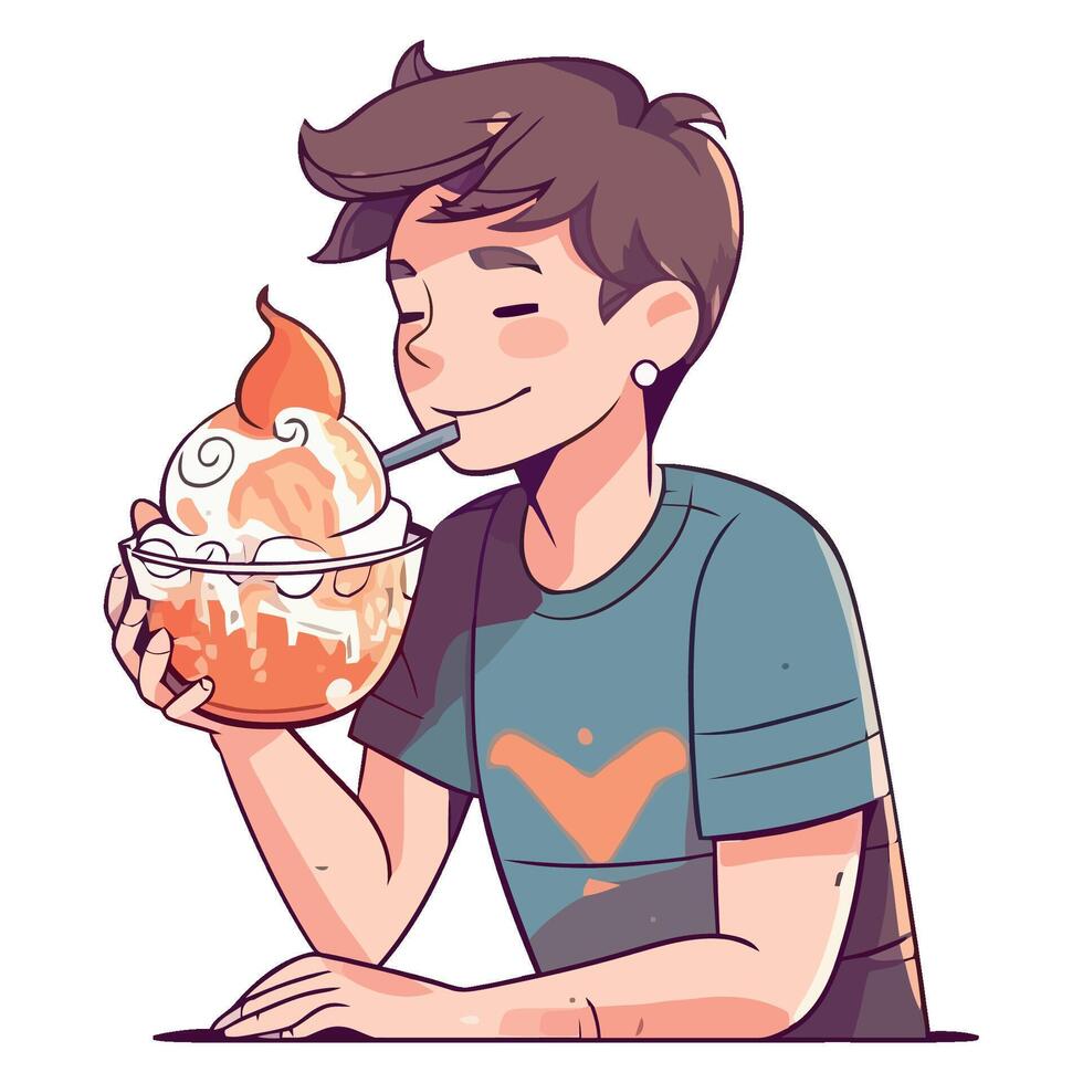 A man eating an ice cream sundae with a straw vector