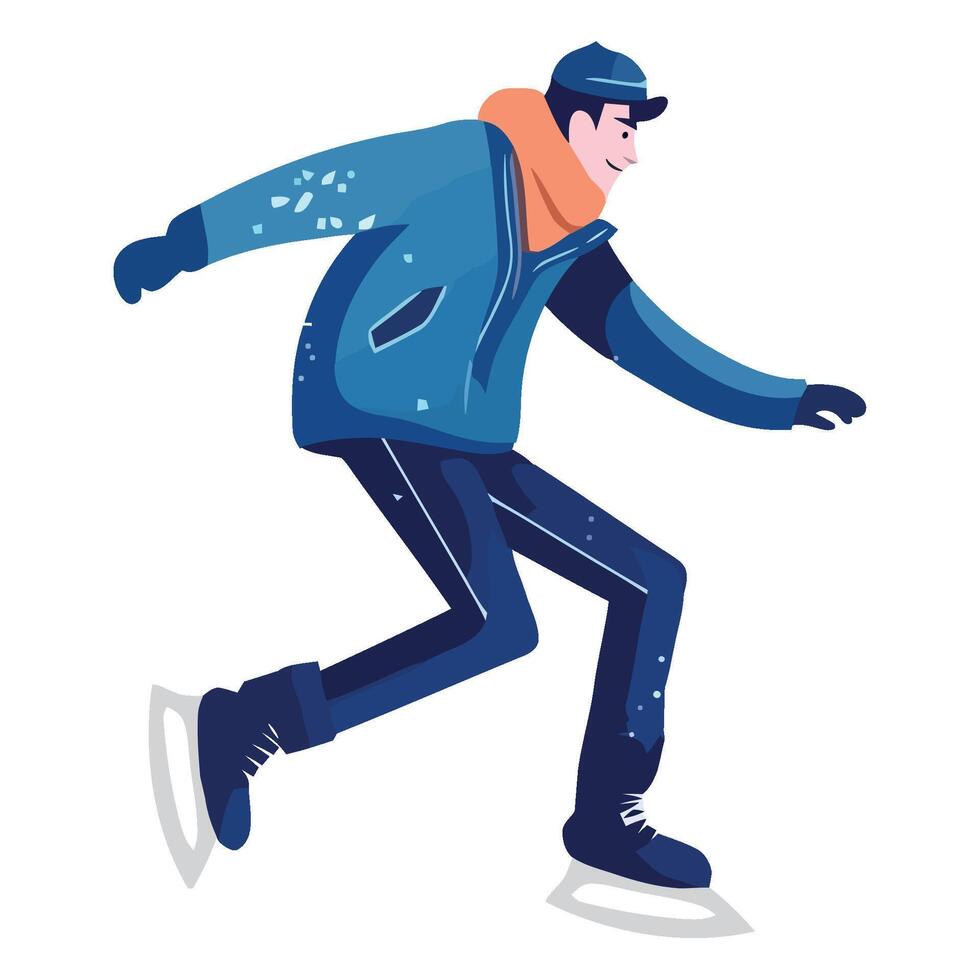 A man in a blue jacket and hat is skating on ice vector