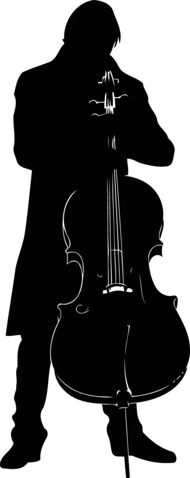 A striking silhouette of a cellist standing with their instrument vector