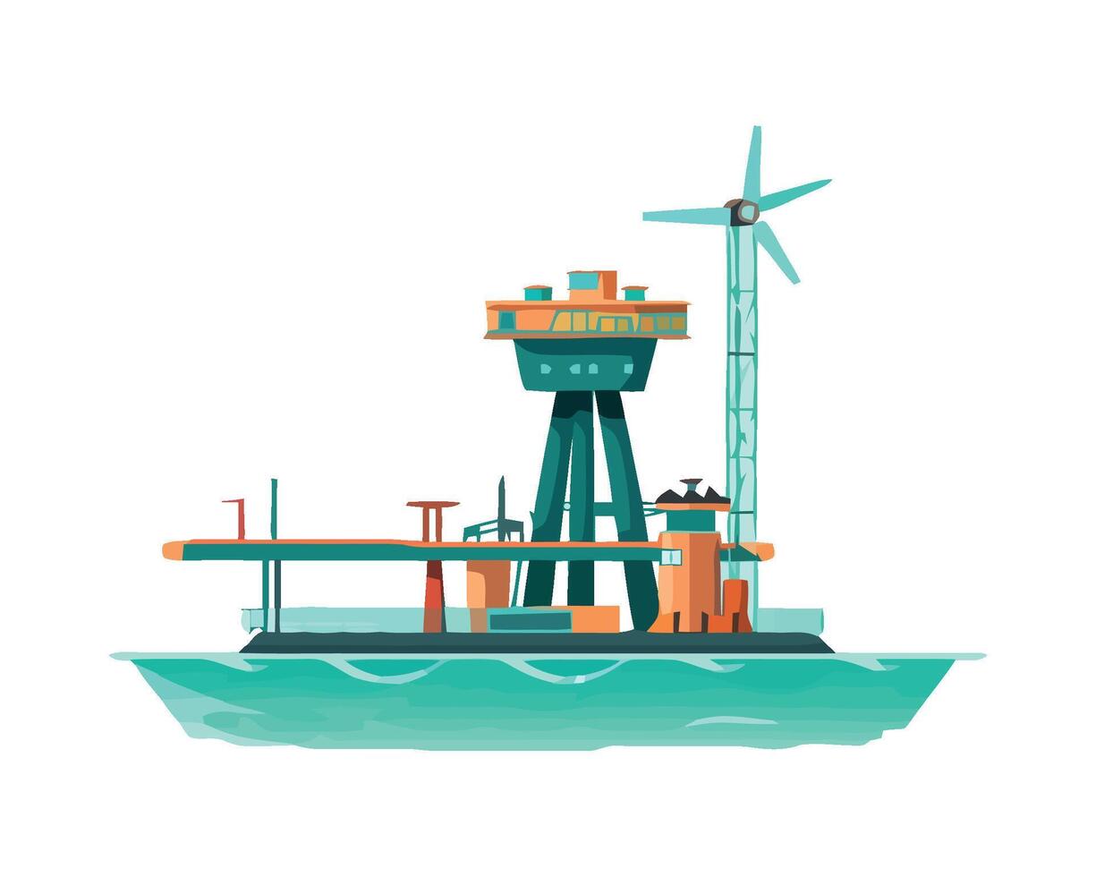 Oil platform with wind turbine, offshore oil and gas industry illustration vector