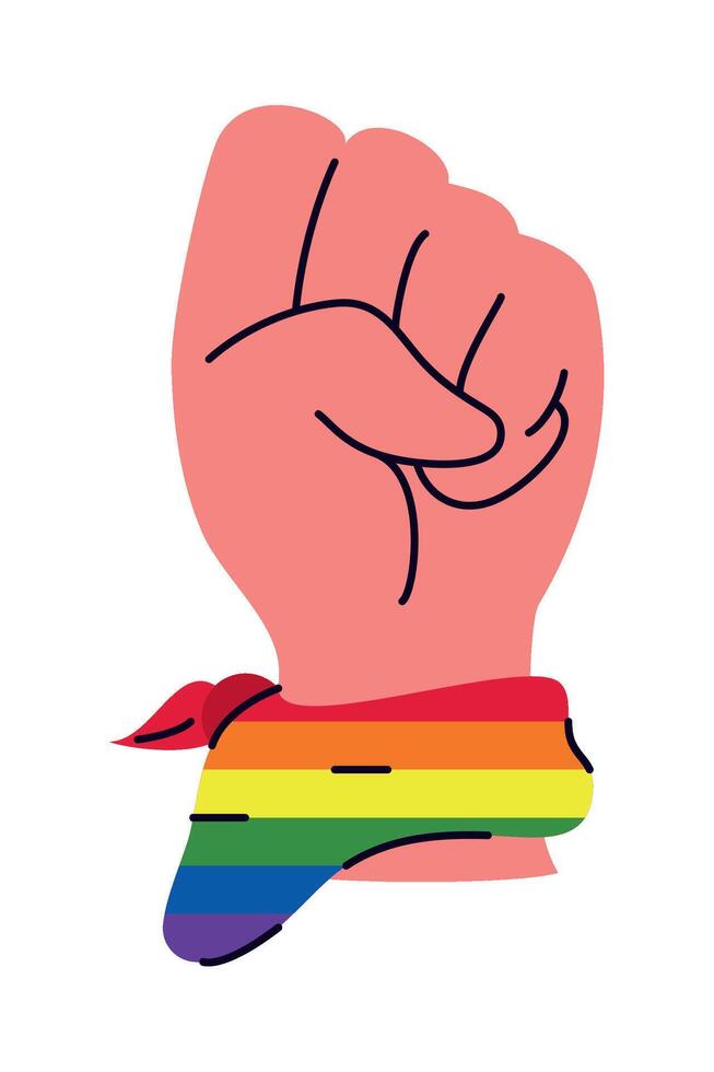 A fist with a rainbow flag tied around it vector