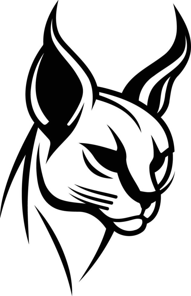 A fierce and stylized black and white illustration of a caracal's head, perfect for logos, branding, or graphic design projects vector