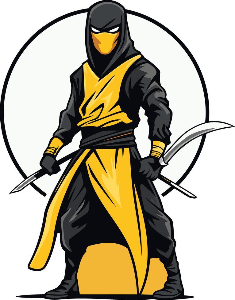 A menacing yellow and black ninja warrior wielding a katana and a curved blade, ready to strike vector