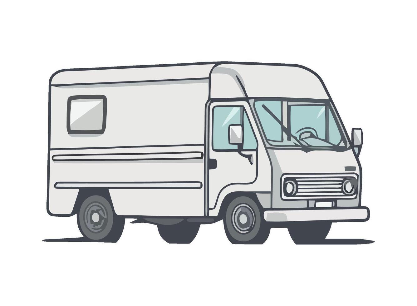 A white van is shown in a cartoon style vector