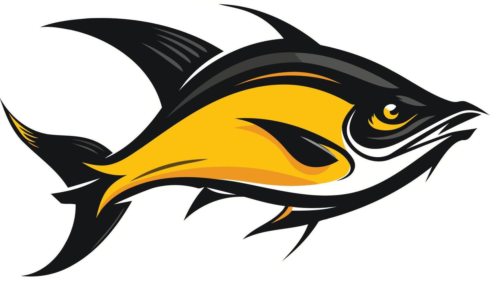 A bold and stylized fish logo design with black outlines and a bright yellow body vector