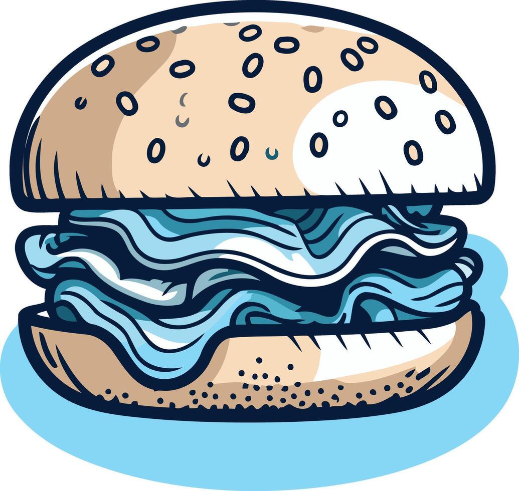A cartoon illustration of a delicious burger with a blue, wave-like filling, perfect for a playful and fun design vector