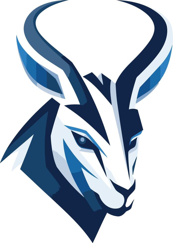 A striking, modern logo design featuring a stylized antelope head with sharp, angular lines in bold blue and white vector