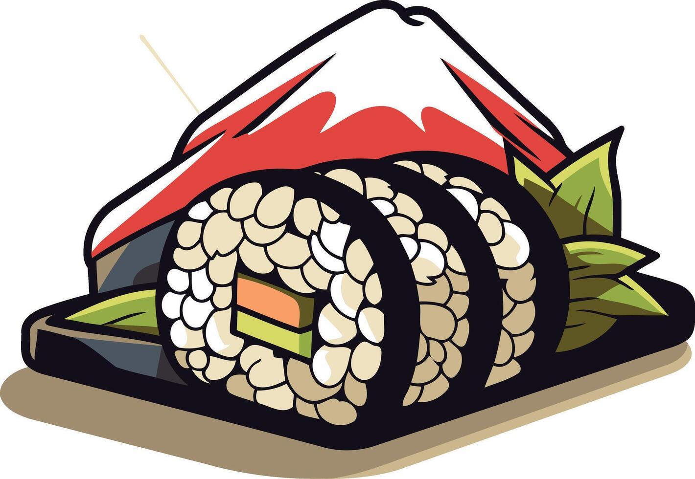 A vibrant cartoon illustration of a sushi roll with a red and white mountain design vector