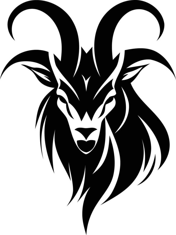 Stylized black and white illustration of a goat head with horns, perfect for tattoo designs, logos, and branding vector