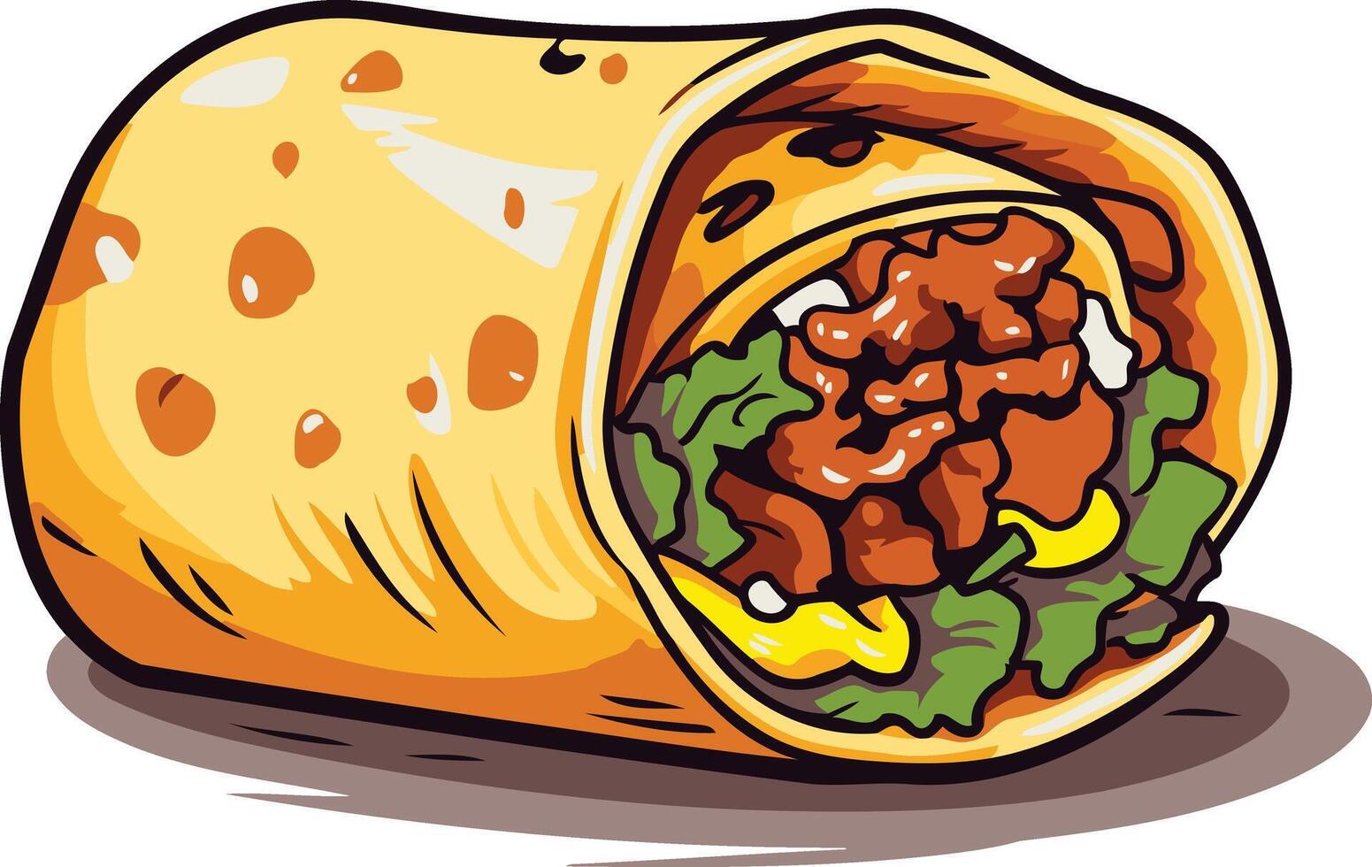 Cartoon illustration of a delicious-looking burrito, perfect for menus, food blogs, or social media posts vector