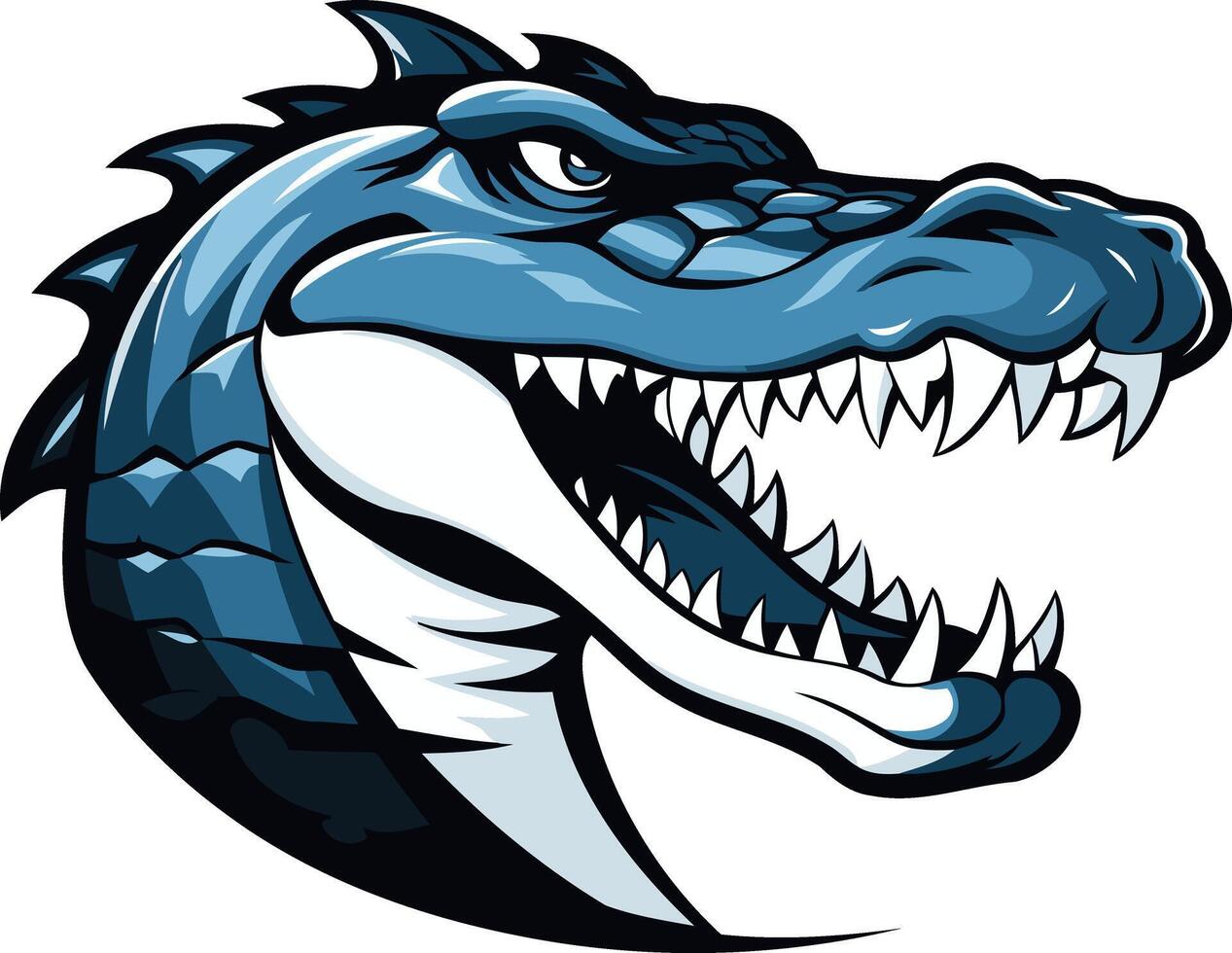 A fierce blue alligator head with sharp teeth, perfect for a sports team logo, mascot, or any project needing a powerful and bold design vector