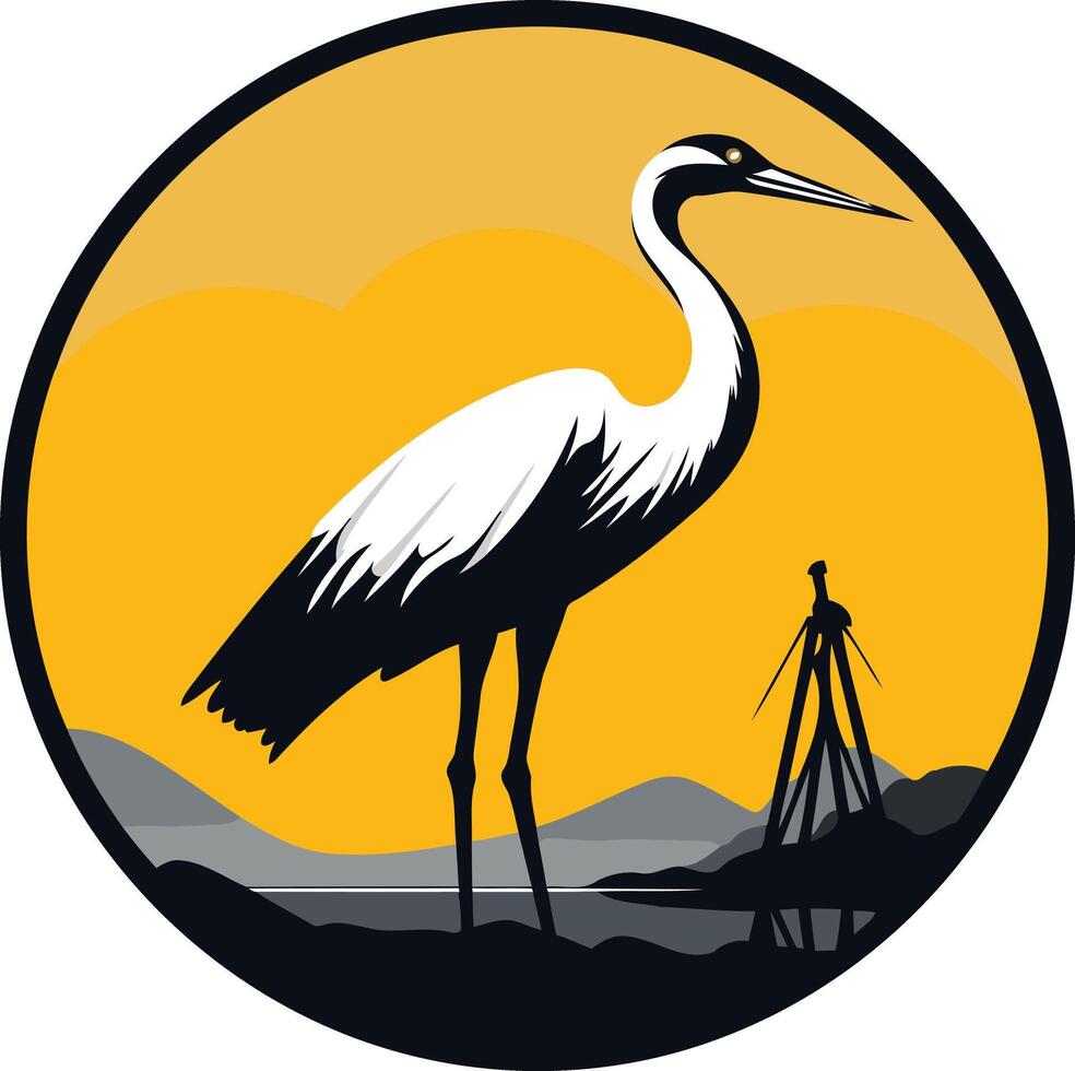 A stylized silhouette of a crane standing in a sunset landscape, perfect for nature-themed logos, branding, and environmental design vector