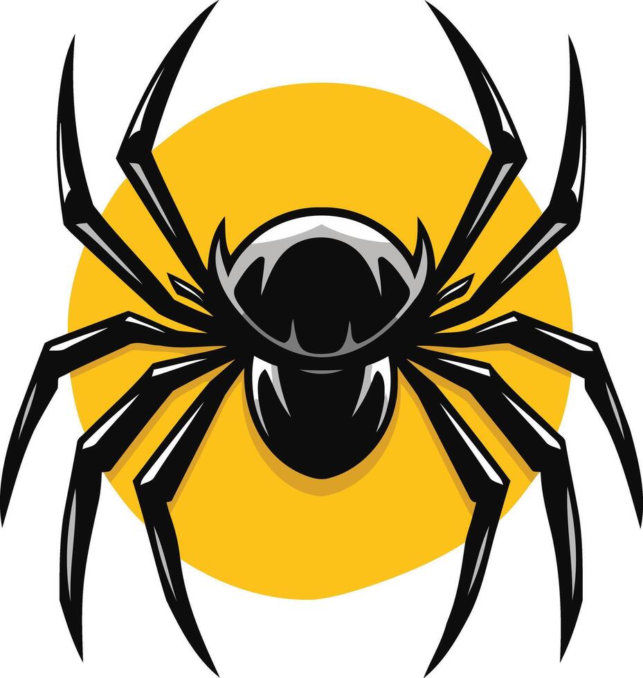 Fearsome black spider with eight legs, set against a yellow circle, perfect for halloween designs, scary imagery, and gothic aesthetics vector