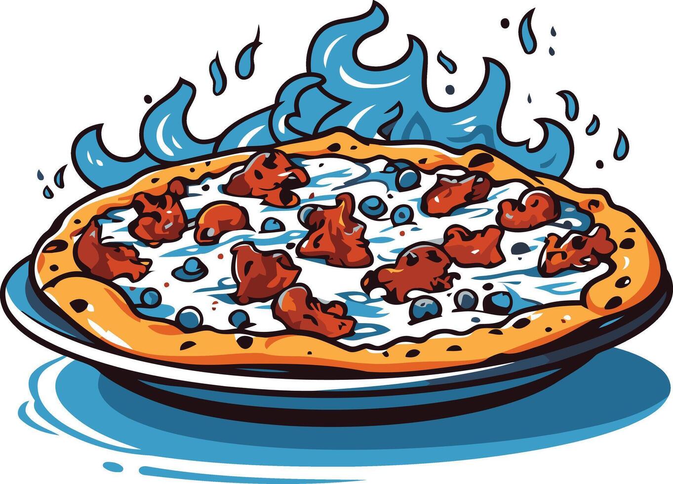 A delicious looking pizza with a unique topping of blueberries, surrounded by a whimsical blue wave design vector