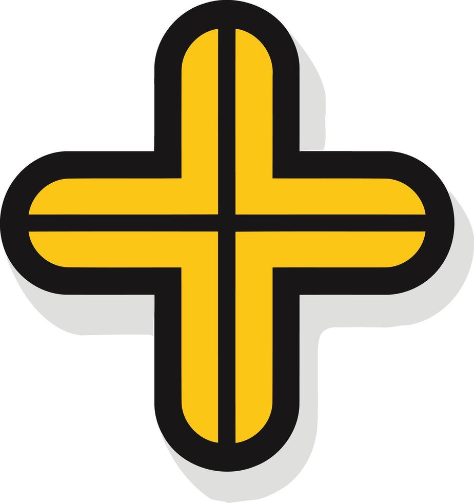 Yellow Cross Symbol with a Black Outline and Shadow vector