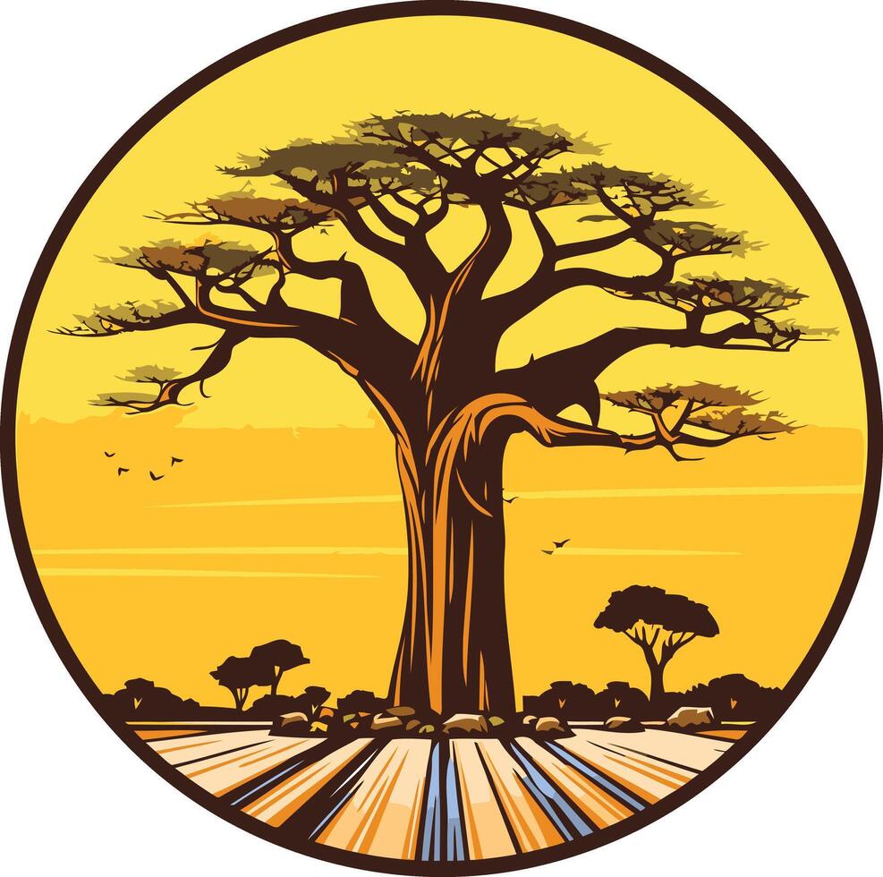 A stylized illustration of a majestic baobab tree, set against a bright yellow sun, creating a striking silhouette perfect for logo design, travel branding, or nature-themed projects vector